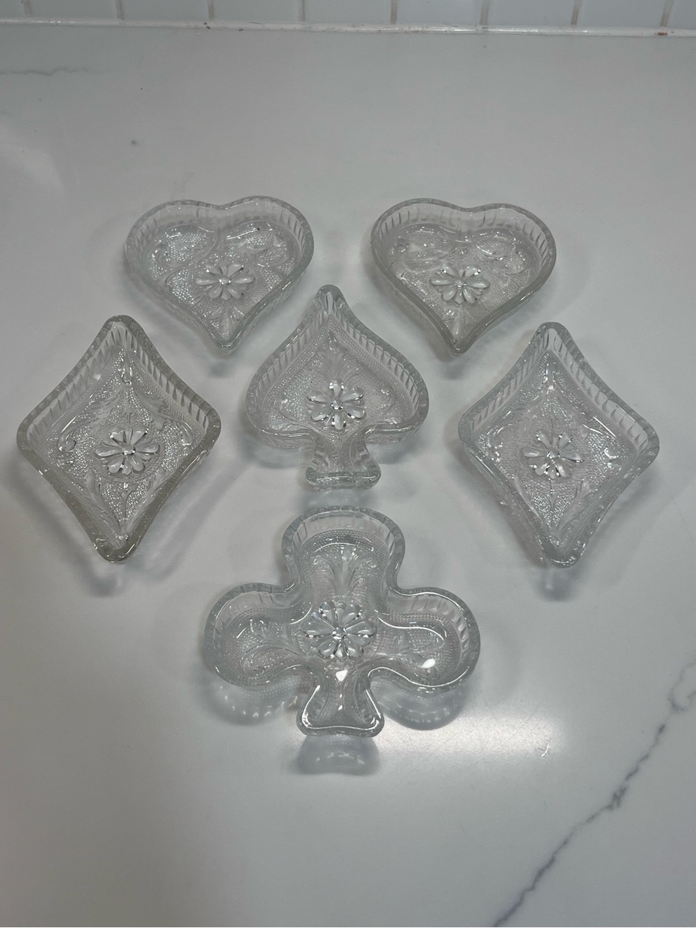 Indiana Tiara Glass Clear Sandwich Pattern, Bridge Playing Card Suits, Set of 6